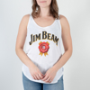 Front of the white tank top for ladies. There is Jim Beam written in black with a red symbol under it. A woman is wearing it.