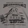 Back image, black text written JAMES BEAM DISTILLING CO. with a distillary illustration, on gray background.