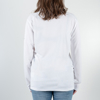 White polo shirt seen from the back. A woman is wearing it.