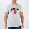 White t-shirt with Jim Beam written in black on the top, with a red symbol under it. A man is wearing the shirt.