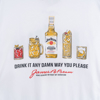 Close-up of the illustration on the back of the shirt. Written  "Drink it any damn way you please", with images of several drinks next to each other.