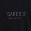 Close-up of the Baker's logo in gray, on a black background.