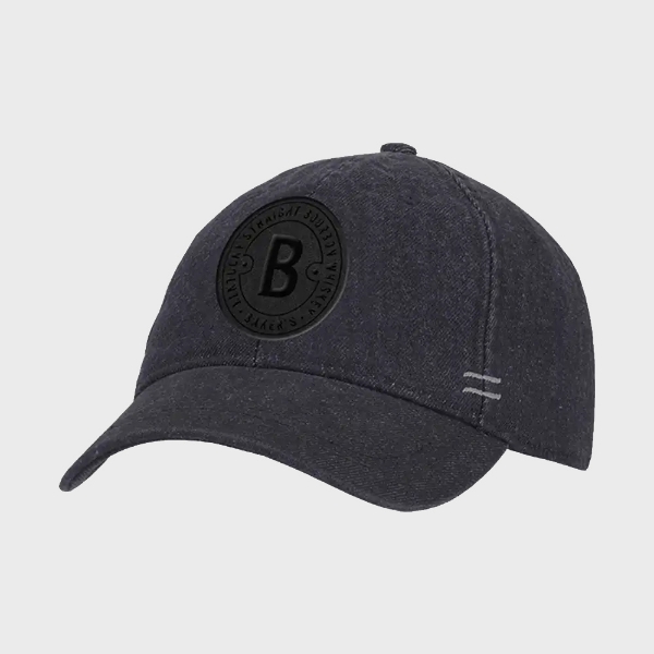 Black denim hat with a black circular patch on the front center. The patch has a B on it.