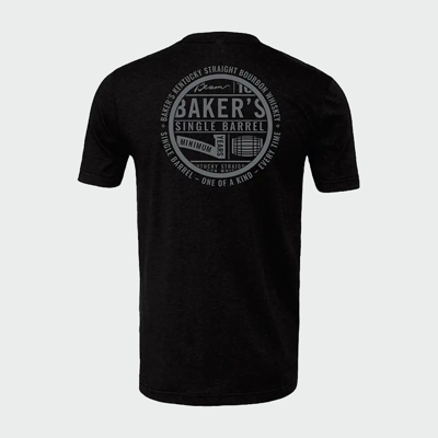 Black t-shirt with “Baker’s” written in Gray on the left peck.