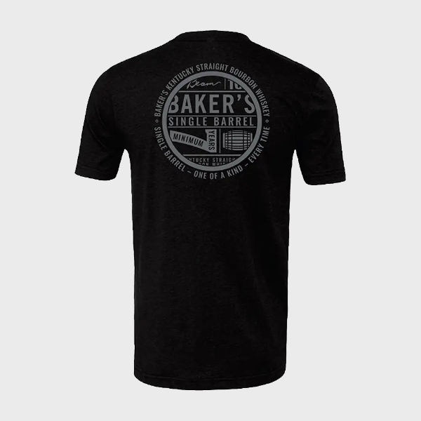 Back of the black t-shirt. A gray circle with “Baker’s single barrel” written inside the circle.