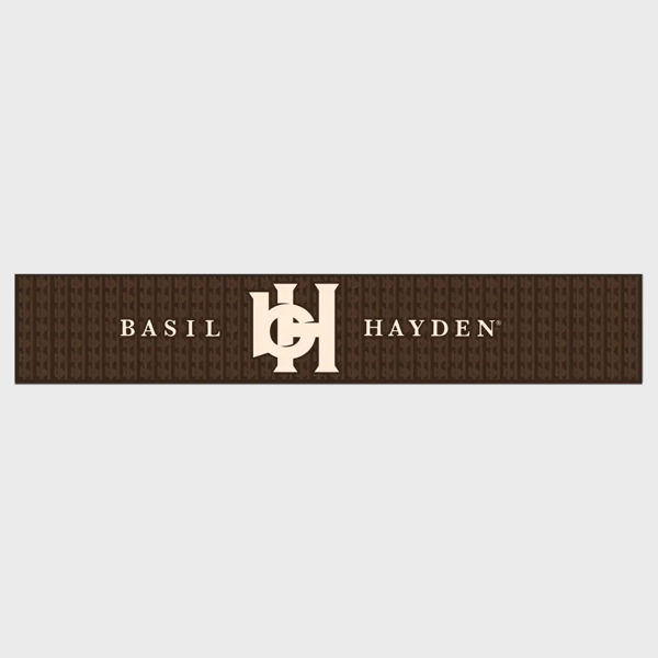 Brown Basil Hayden Bar Mat, with white letters on gray background.