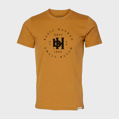 The front of the shirt features the Basil Hayden logo, with “Basil Hayden Small Batch” written in a circular design around the logo.