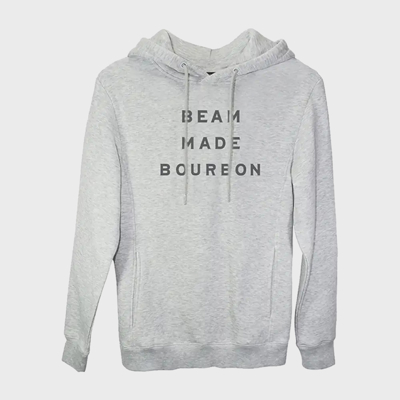 Front of the white hoodie. On the chest, it is written in Gray letters “BEAM MADE BOURBON”.