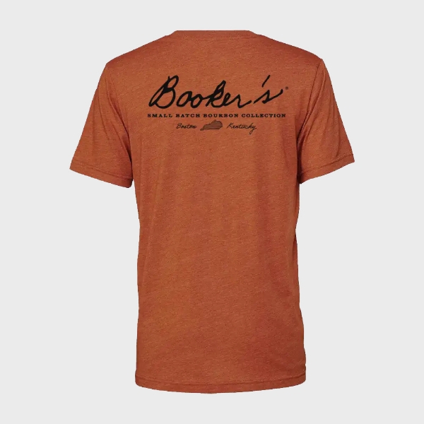 Back view of the t-shirt. It features “Booker’s” signature logo. Underneath, it says “Small batch bourbon collection”.