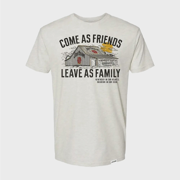 White t-shirt with an illustration of a Jim Beam barn. Around it, it is written in black “Come as friends, leave as family”.