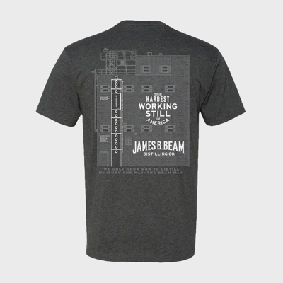 Front of the dark-gray t-shirt. It is written in white on the left peck “James B. Beam”.
