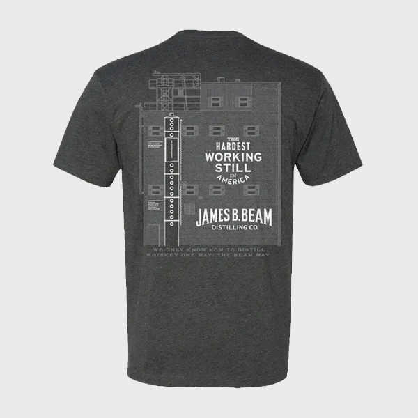 The back of the t-shirt features an illustration of the distillery blue-print. “The hardest working still in America” is written in white.