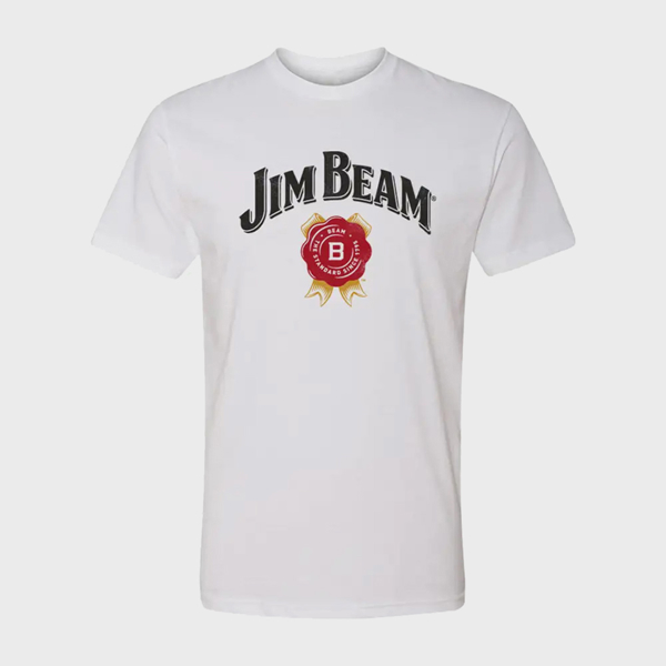 White t-shirt with Jim Beam written in black on the top, with a red symbol under it