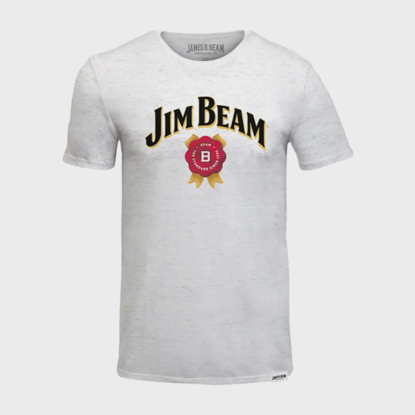 White t-shirt with Jim Beam written in black on the top, with a red symbol under it