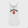 Front of the white tank top for ladies. There is Jim Beam written in black with a red symbol under it.