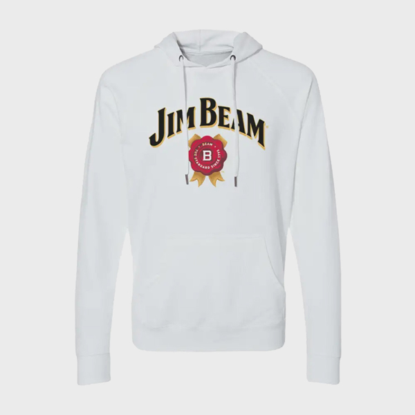 Front of the white hoodie. It is written "Jim Beam" in black, with a red symbol underneath it.