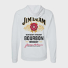 Back of the white hoodie. It is written "Jim Beam" in black, with a red symbol underneath it. Under the symbol it's written "Kentucky straight bourbon whiskey" in black.