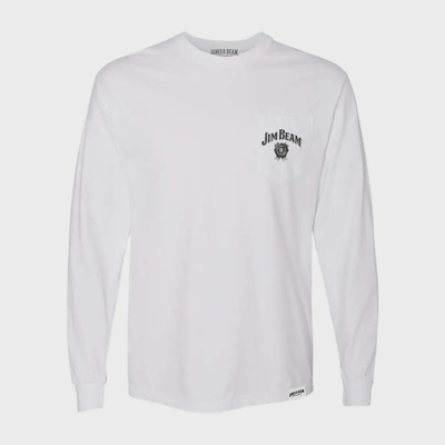 Front of the white long sleeve shirt. On the left peck it's written "Jim Beam"