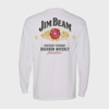 Back of the white long sleeve shirt. On the top-center is written “Jim Beam” in black, with a red symbol under it, and under that it is written in black “Kentucky straight bourbon whiskey”.