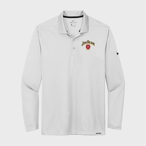 Front of the white polo shirt. On the left peck it is written “Jim Beam” with a red symbol under.