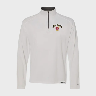 White quarter zip with “Jim Beam” written in black on the left peck, with a red symbol under it.