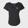 A black woman’s t-shirt viewed from the front, with “Knob Creek” written in gold on the left peck.