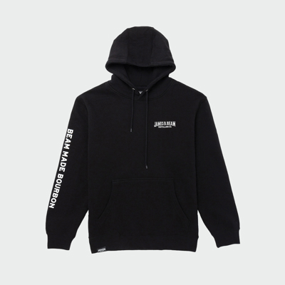 Image of a black hoodie with white James B Beam logo on front