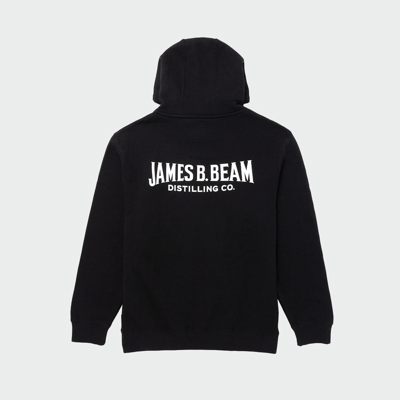 Image of a black hoodie with white James B Beam logo on front