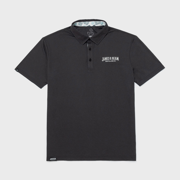 Image of a dark gray polo with white James B Beam logo on the front