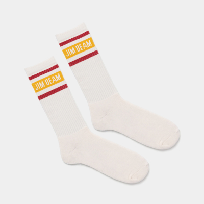 pair of white athletic sock with Jim Beam name