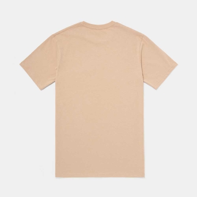 A tan t-shirt with a small Jim Beam signature logo on chest.