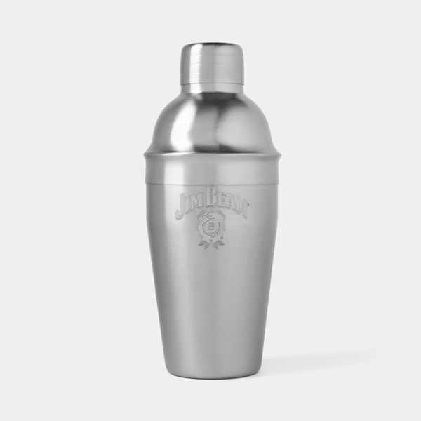 A stainless steel cocktail shaker with the Jim Beam logo engraved on it