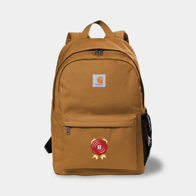 A brown Carhartt backpack with iconic Jim Beam logo embroidered on the front pocket