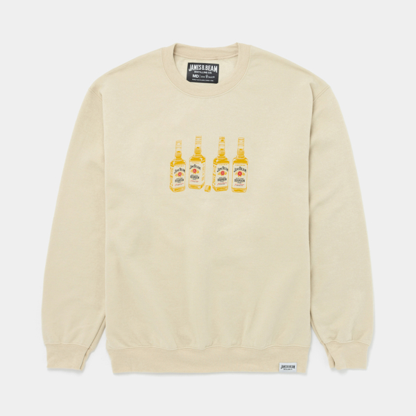 Oatmeal sweatshirt with a graphic of four Jim Beam bottles arranged in a row.