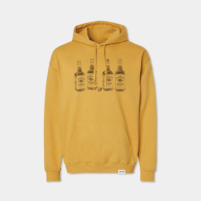 A mustard yellow hoodie with a graphic of four Jim Beam bottles arranged in a row.