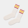 Pair of white athletic sock with Jim Beam name side view