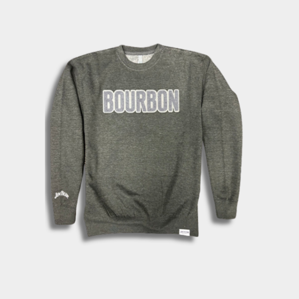 dark charcoal grey crewneck sweatshirt with BOURBON applique on the front and Jim Beam on the sleeve