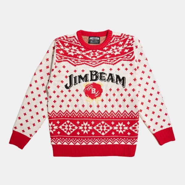 red and cream knit Jim Beam holiday sweater