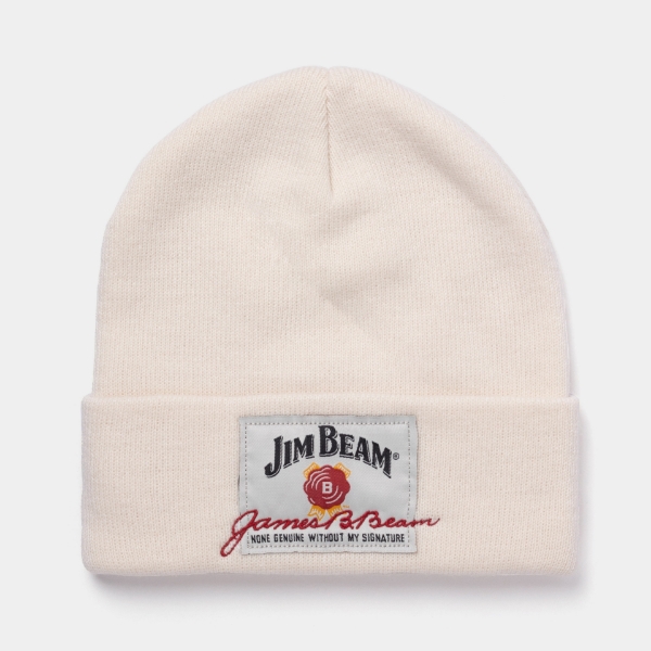 cream beanie with Jim Beam woven label and signature