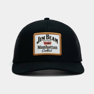 black trucker hat with Jim Beam Manhattan Cocktail patch