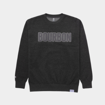 dark charcoal grey crewneck sweatshirt with BOURBON applique on the front and Jim Beam on the sleeve