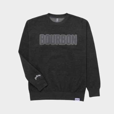 dark charcoal grey crewneck sweatshirt with BOURBON applique on the front and Jim Beam on the sleeve