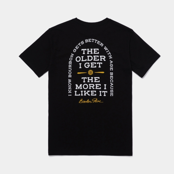 Back view of James B Beam black tee. Quote on back of tee reads I know bourbon gets better with age because the older I get, the more I like it.