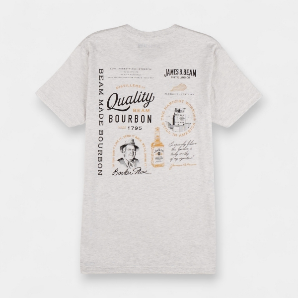 Graphics displayed around the James B Beam distillery on back of the tee