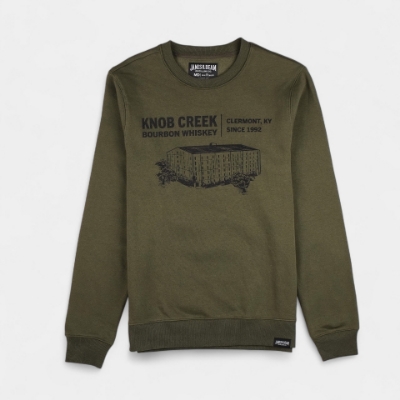 Knob Creek crewneck with image of a rackhouse on the front