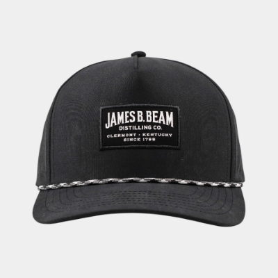 main view of black microfiber performance hat with James B. Beam woven patch