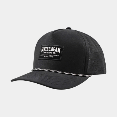 main view of black microfiber performance hat with James B. Beam woven patch