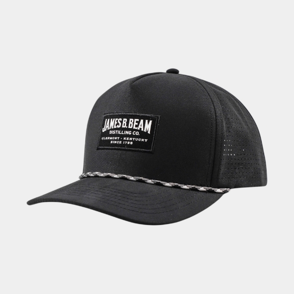 main view of black microfiber performance hat with James B. Beam woven patch