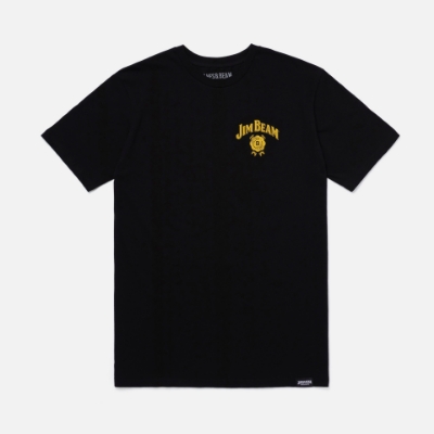 Black tee with Jim Beam Black logo on the front left chest and graphic on the back