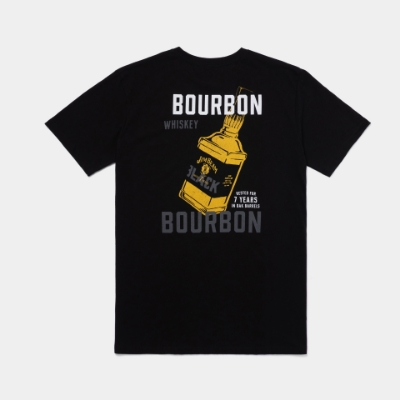Black tee with Jim Beam Black logo on the front left chest and graphic on the back